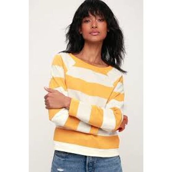 Amuse Society Salt Air Women Yellow White Stripe crew neck sweatshirt Medium - Picture 1 of 6
